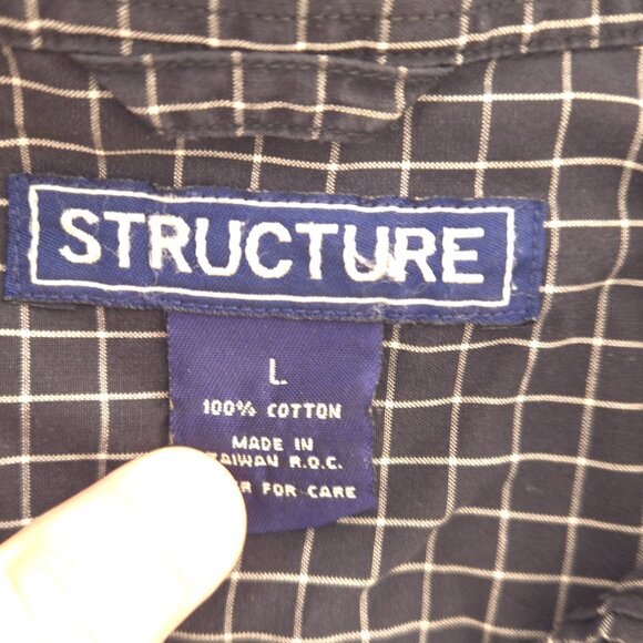 Structure Black White Grid Check Cotton Button-Down Shirt Large - Picture 5 of 7